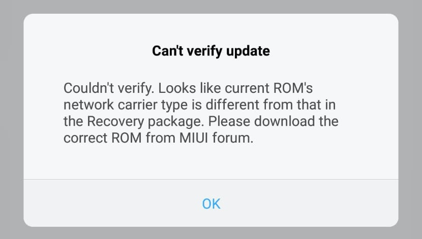 Looks like current ROM's network carrier type is different from that in the Recovery package. Please download the correct ROM from MIUI forum
